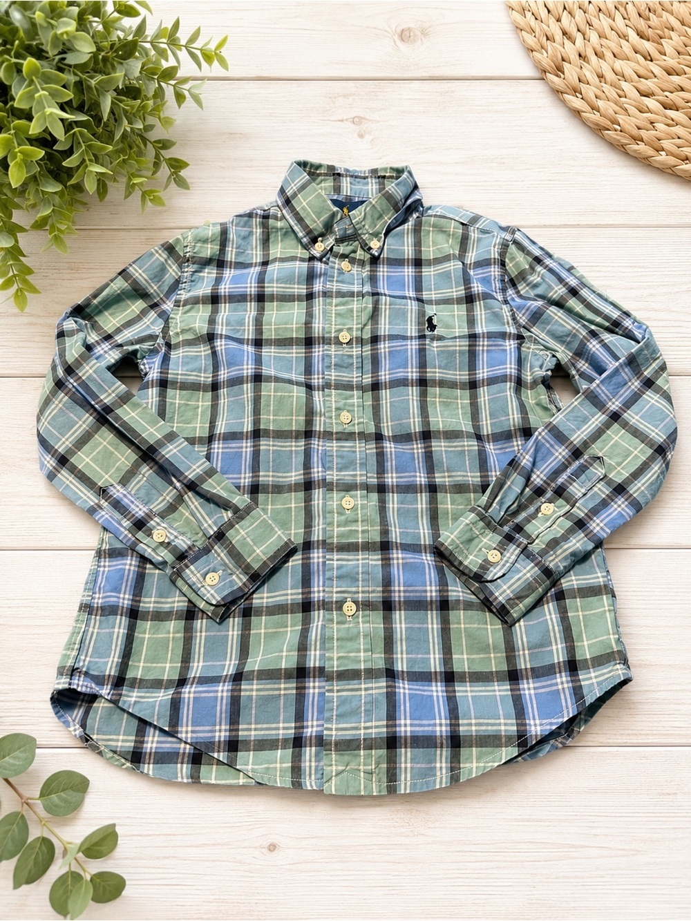 Ralph Lauren Boys Size 7 Blue Green Plaid Button-Down Shirt